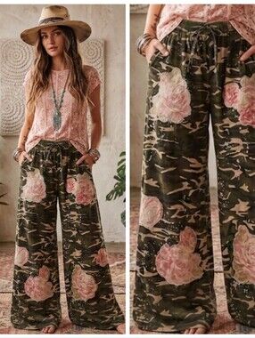 Camouflage Floral Patchwork Distressed Paint Splatter Wide Leg Jeans
